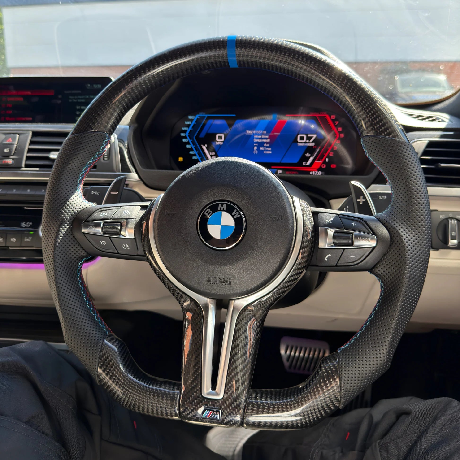 BMW carbon fibre flat bottom steering wheel with airbag included