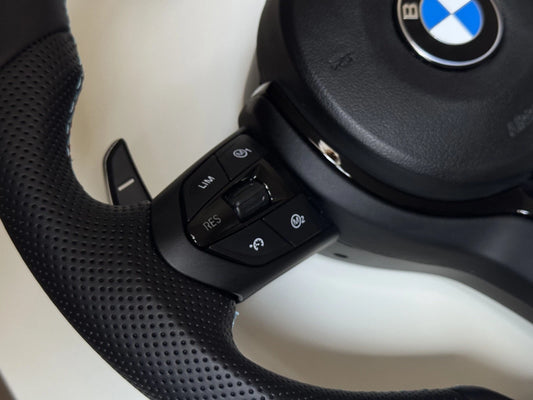 BMW M Sport flat bottom steering wheel, all-black leather with airbag and multifunction buttons included